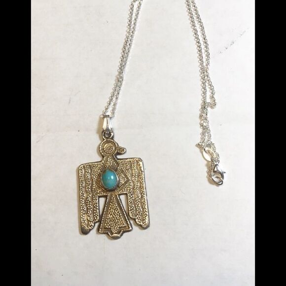 Handmade Sterling Silver Necklace, Southwest Thunderbird,  Turquoise, NEW - Picture 1 of 3